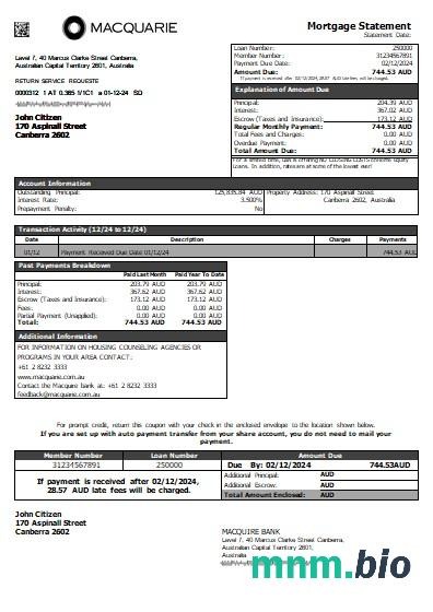 Australia Bank Macquire wyciąg z kredytu hipotecznego szablon Word i PDF